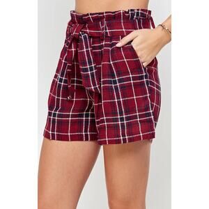 En Creme Cotton and linen Jade Burgundy and Black Plaid Paper Bag Shorts M  NWT